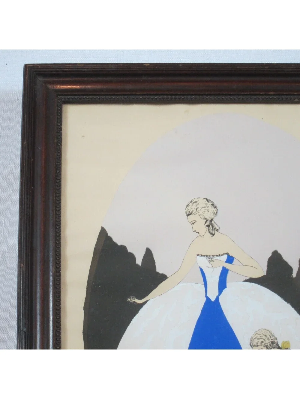 French Woodblock Art Print 1780s Fashion Lady Blue Dress Man Yellow Framed Glass